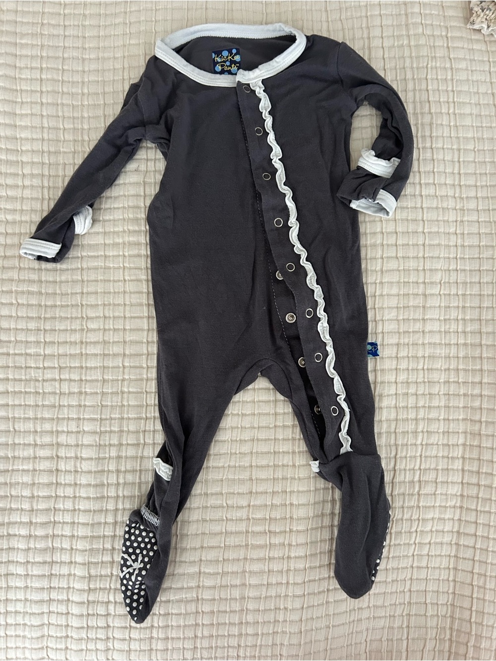 Kickee Pants Black Footed One-Piece with White Ruffle Trim